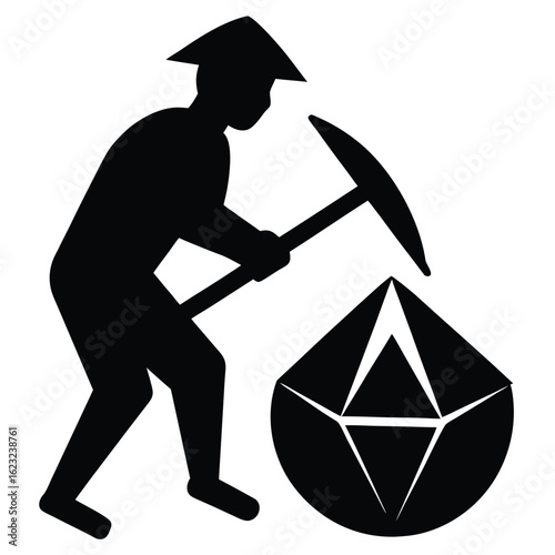 Silhouette person mining cryptocurrency with pickaxe vector