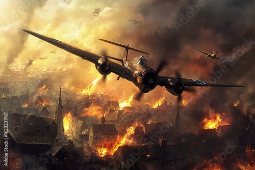 WWII warplanes flying over a burning village with smoke rising