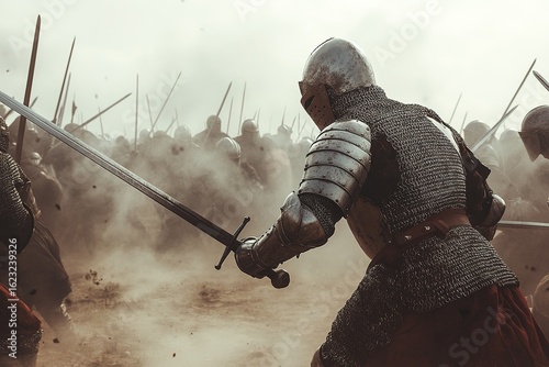ancient battle scene with armored knights clashing swords on a misty battlefield