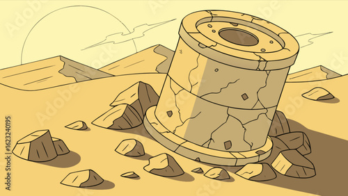 An illustration of an ancient stone ruin in the desert, evoking a sense of history, archaeology, and adventure, with a vintage cartoon style