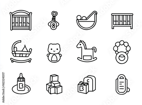 Baby icons collection with cribs rattle toys horse blocks and baby monitor line art illustration vector graphic for nursery decoration and baby products