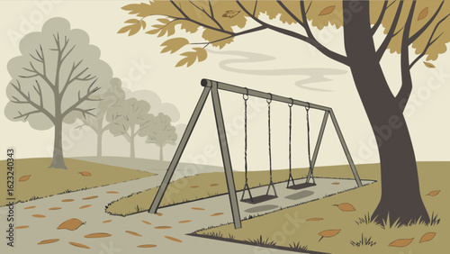 A tranquil autumn scene in the park with a swing set under a tree, leaves falling on the path, creating a serene and peaceful atmosphere on a calm day