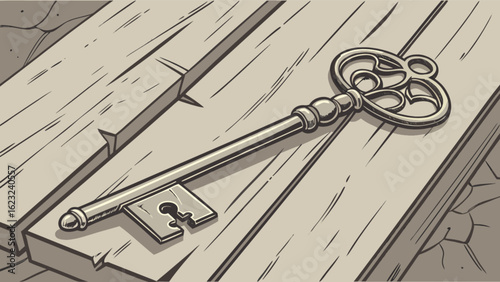 An antique skeleton key rests on rustic wooden planks, its ornate design hinting at secrets and mysteries of the past, a symbol of access and vintage charm