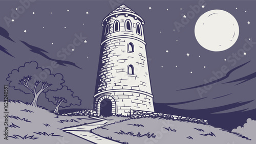 A stone tower stands tall under the moonlight, with stars twinkling in the night sky, creating a scene of vintage charm and historic beauty in a rural landscape