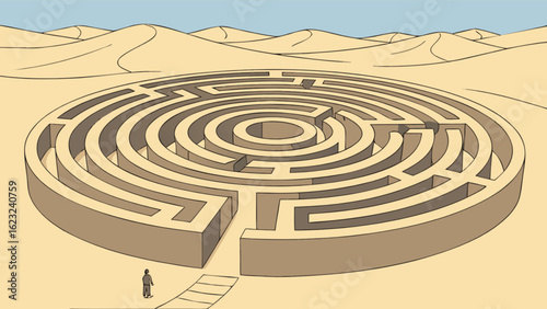A circular maze in the desert, with a man standing at the entrance, ready to face the challenge and find the solution in this travel destination