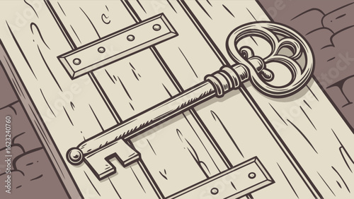 An antique skeleton key rests on a rustic wooden door, its ornate design hinting at secrets and mysteries of the past, a symbol of access and vintage charm