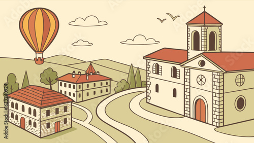 A picturesque village landscape with a hot air balloon soaring above charming buildings, evoking a sense of travel, adventure, and idyllic countryside charm