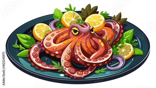 Enjoy succulent grilled octopus beautifully arranged on a matte black plate with lemon wedges and fresh herbs, illuminated by warm light for added texture white  background