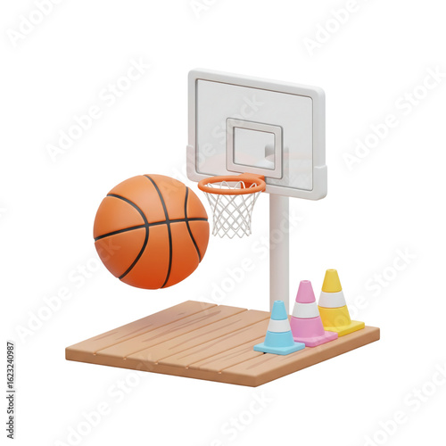 A 3D rendering of a basketball training concept with a ball, hoop, and practice cones. Sports equipment for athletic development and coaching.