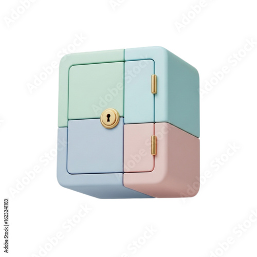 Colorful modern cube safe with gold lock and hinges isolated on transparent background
