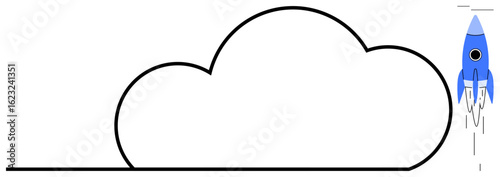 Blue rocket ascending alongside a bold cloud outline signifies ambition and drive. Ideal for technology, startup growth, innovation, progress, success, future vision, creativity as simple flat