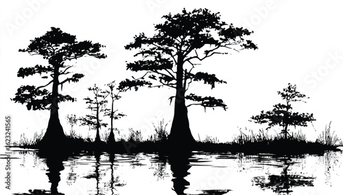 Black and White Cypress Swamp Illustration with Water Reflections and Silhouetted Trees for Nature and Environment Designs