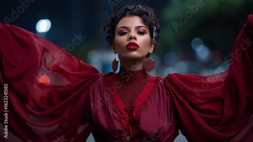 woman in a red dress standing on the night street in wind. 