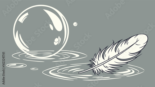 A delicate feather rests beside a shimmering bubble, its light reflecting on the waters surface, creating a serene and ethereal scene