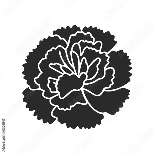 Black silhouette of a carnation flower on white background