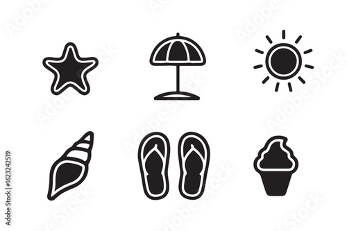 Summer Beach Icons Set Vacation Seaside Symbols Collection Starfish Umbrella Shells Sun and Flip Flops for Travel and Holiday Designs