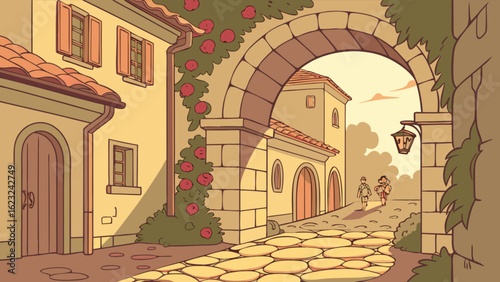A charming european town street with stone buildings, archways, and ivy, a vintage travel scene with retro style