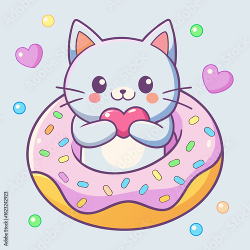 Adorable kitten curled up inside a rainbow sprinkle donut, licking its paw, white background with pastel hearts, editable flat vector.