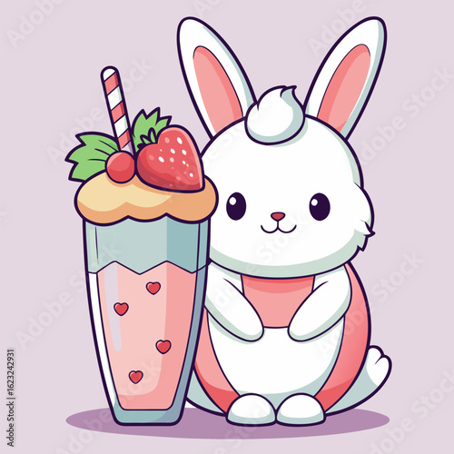 Little bunny hugging a strawberry milkshake glass with whipped cream and straw, long ears draping down the sides, clean dessert vector