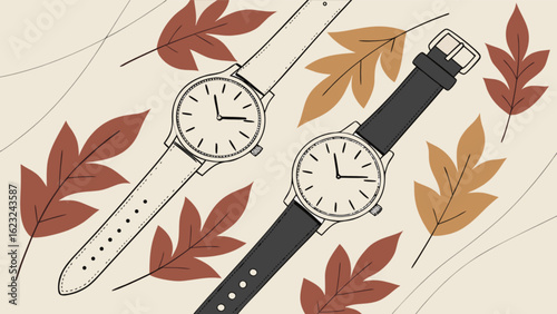 Illustration of two wristwatches with leather straps surrounded by autumn leaves on beige