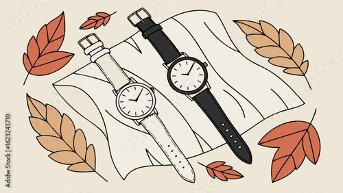 Two wristwatches with leather straps displayed on a cloth surrounded by autumn leaves