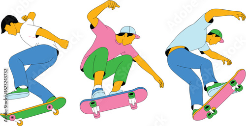 Colorful skateboarders performing tricks, modern vector illustration, extreme sport, urban youth culture, dynamic motion art, trendy street lifestyle design