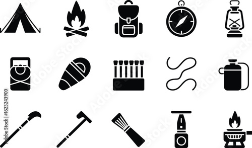 Camping and Outdoor Adventure Gear Icons tent campfire