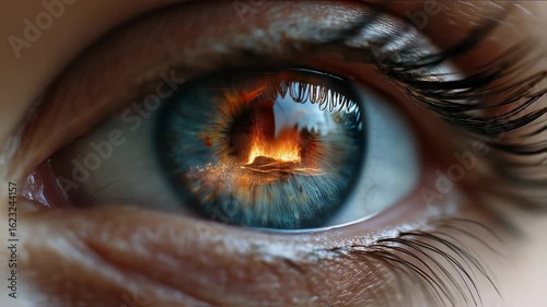 eye with fire reflection inside of it. 