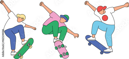 Colorful skateboarders performing tricks, modern vector illustration, extreme sport, urban youth culture, dynamic motion art, trendy street lifestyle design