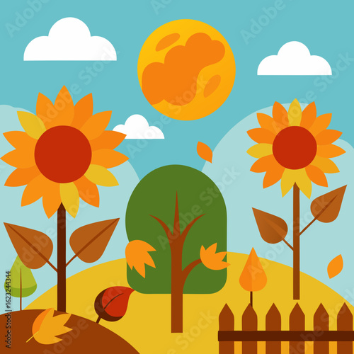 Autumn landscape with sunflowers trees and a bright sun