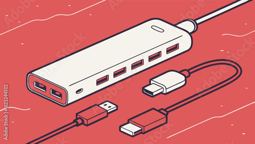 Illustration of a white usb hub with multiple ports and cables on a red background