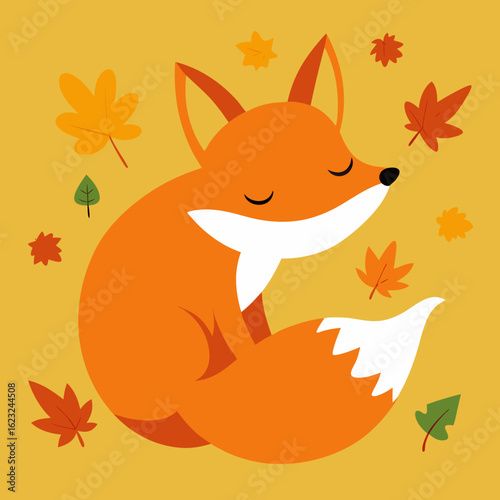 Cute sleeping fox surrounded by falling autumn leaves