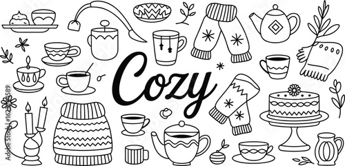 Cozy hand-drawn doodle set with tea, sweaters, cake, mittens, candles, hygge style, black and white cozy illustration