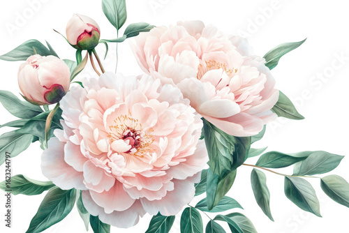 Delicate watercolor painting of soft pink peony blossoms and green leaves isolated on transparent background