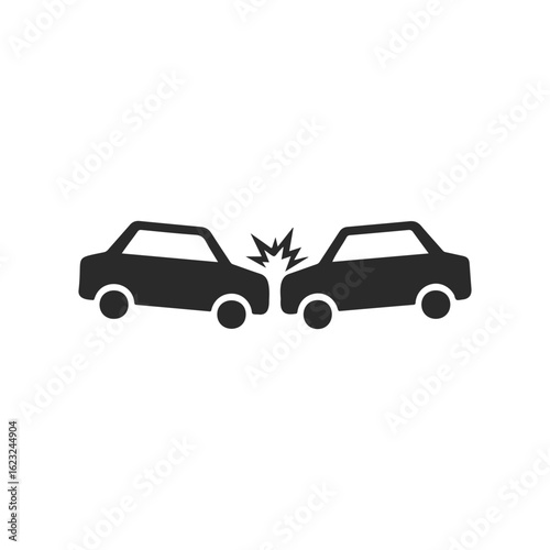 Silhouette of two cars colliding with impact symbol