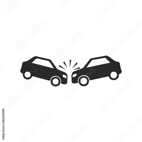 Silhouette of two cars colliding with impact lines on white background