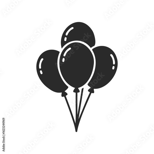 Black silhouette of five balloons with strings on white background