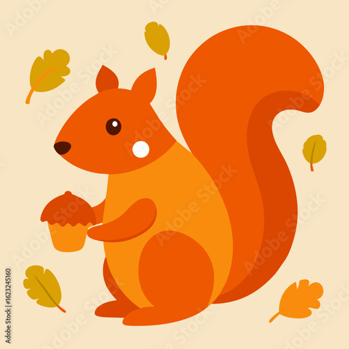 Cute cartoon squirrel holding an acorn with falling autumn leaves