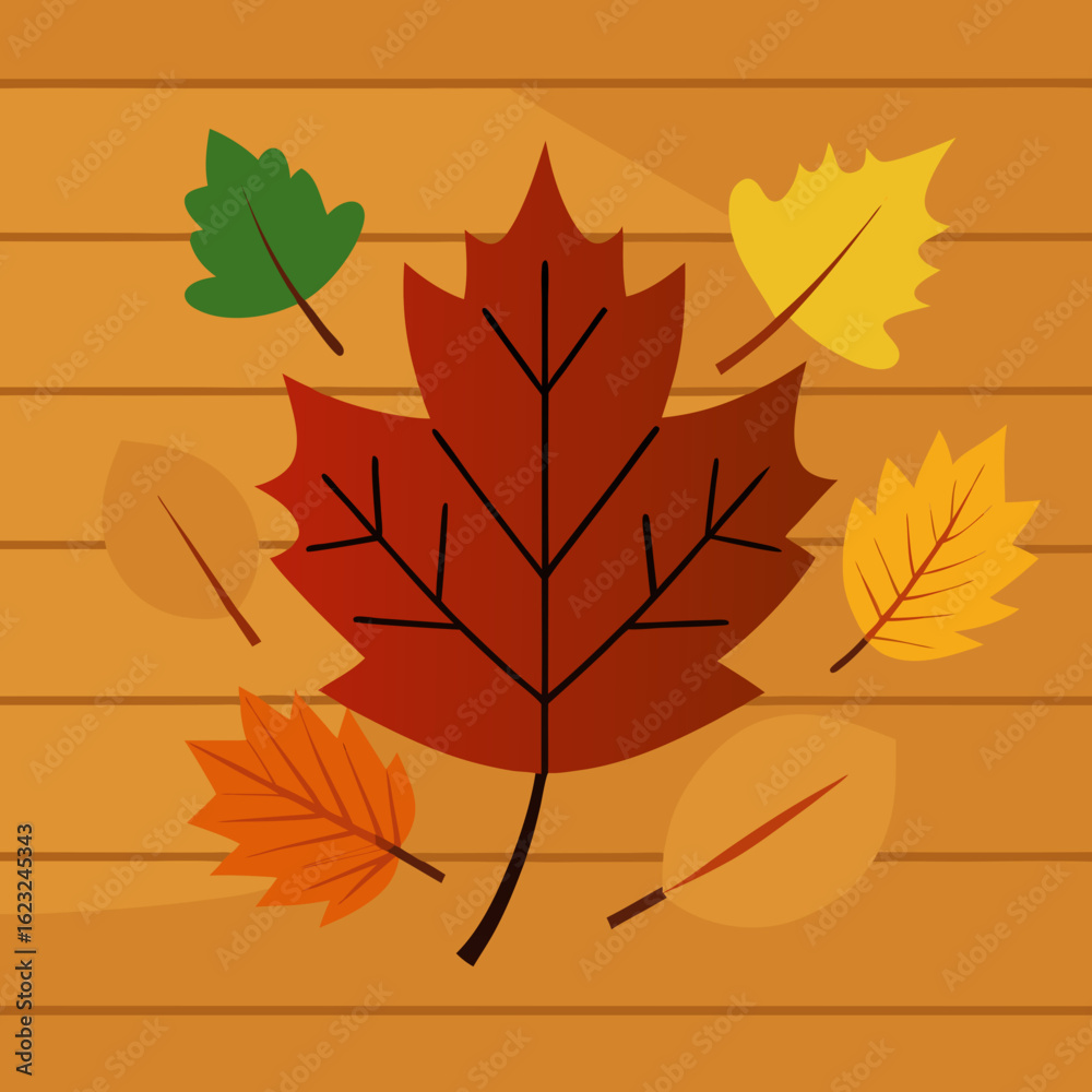 Naklejka premium Colorful autumn leaves scattered on a wooden background