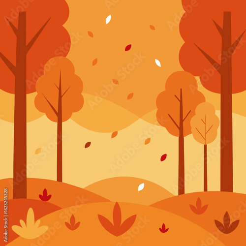Autumn forest scene with falling leaves and rolling hills