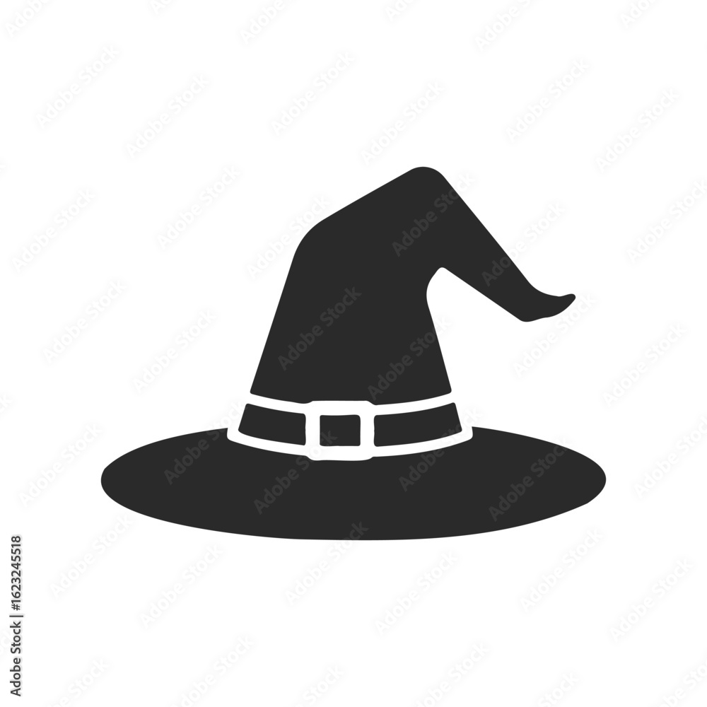 Fototapeta premium Black witch hat icon with buckle on white background