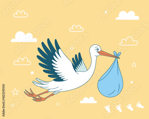 A celebratory new baby greeting card with a stork delivering a baby boy bundle
