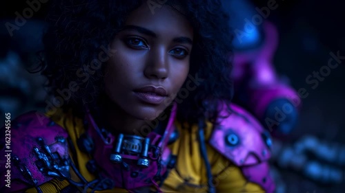 woman in pink and yellow retro futuristic armour. 