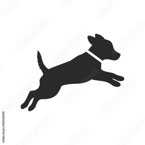 Silhouette of a leaping dog in motion against white background