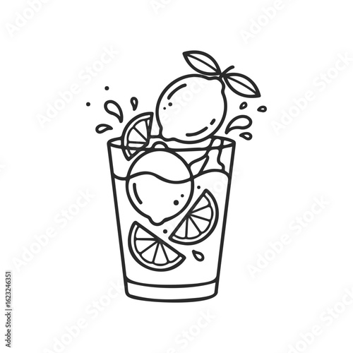 Refreshing lemonade line art with ice, lemons, and splashing water in a glass