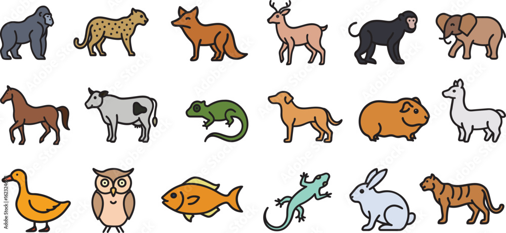 Obraz premium Colorful and Diverse Animal Collection Icon Set