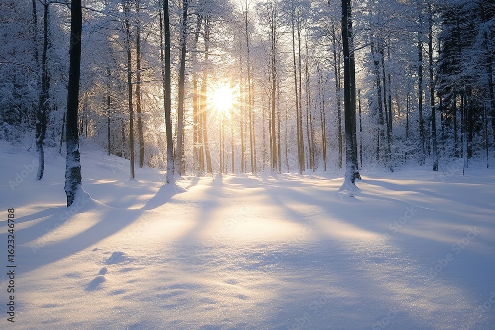 Naklejka premium peaceful meditation in a snow-covered forest with soft sunlight filtering through