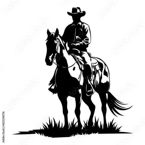 Vector silhouette of a cowboy riding a horse on grass isolated on white