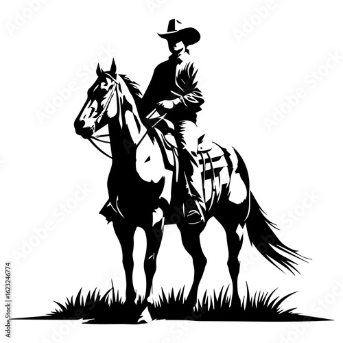 Vector silhouette of a cowboy riding a horse on grass isolated on white