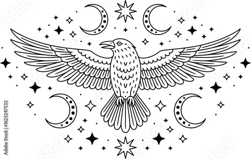 Raven with celestial symbols in black and white bird